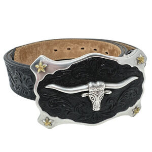 Justin Longhorn Buckle Top Grain Tooled Black Leather Belt Size 46 C11193 Cowboy